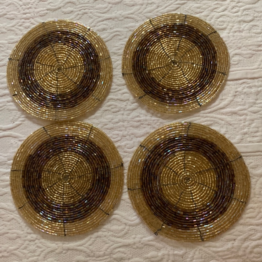 VINTAGE COASTERS (4) BEADED (JO ANNS) IN BOX-NEW GOLD/BROWN 4” INTERIOR ACCENTS